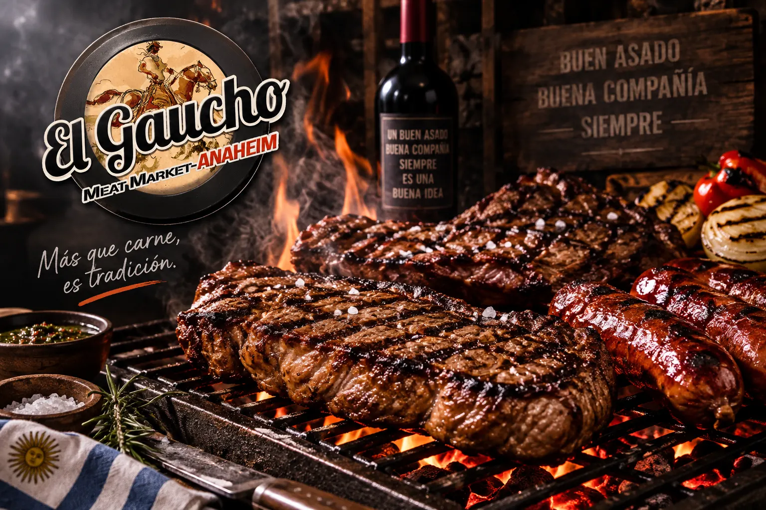 Cortes de carne y chorizos a la parrilla, con el logo de El Gaucho Meat Market Anaheim y la frase Más que carne, es tradición