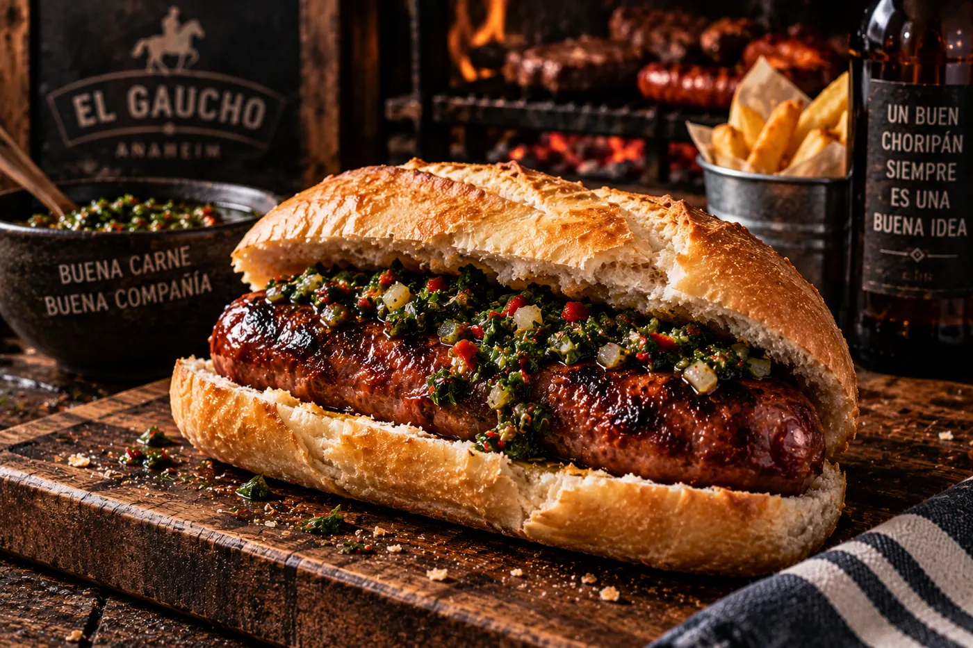 Choripán con chimichurri en pan casero, con la parrilla de fondo